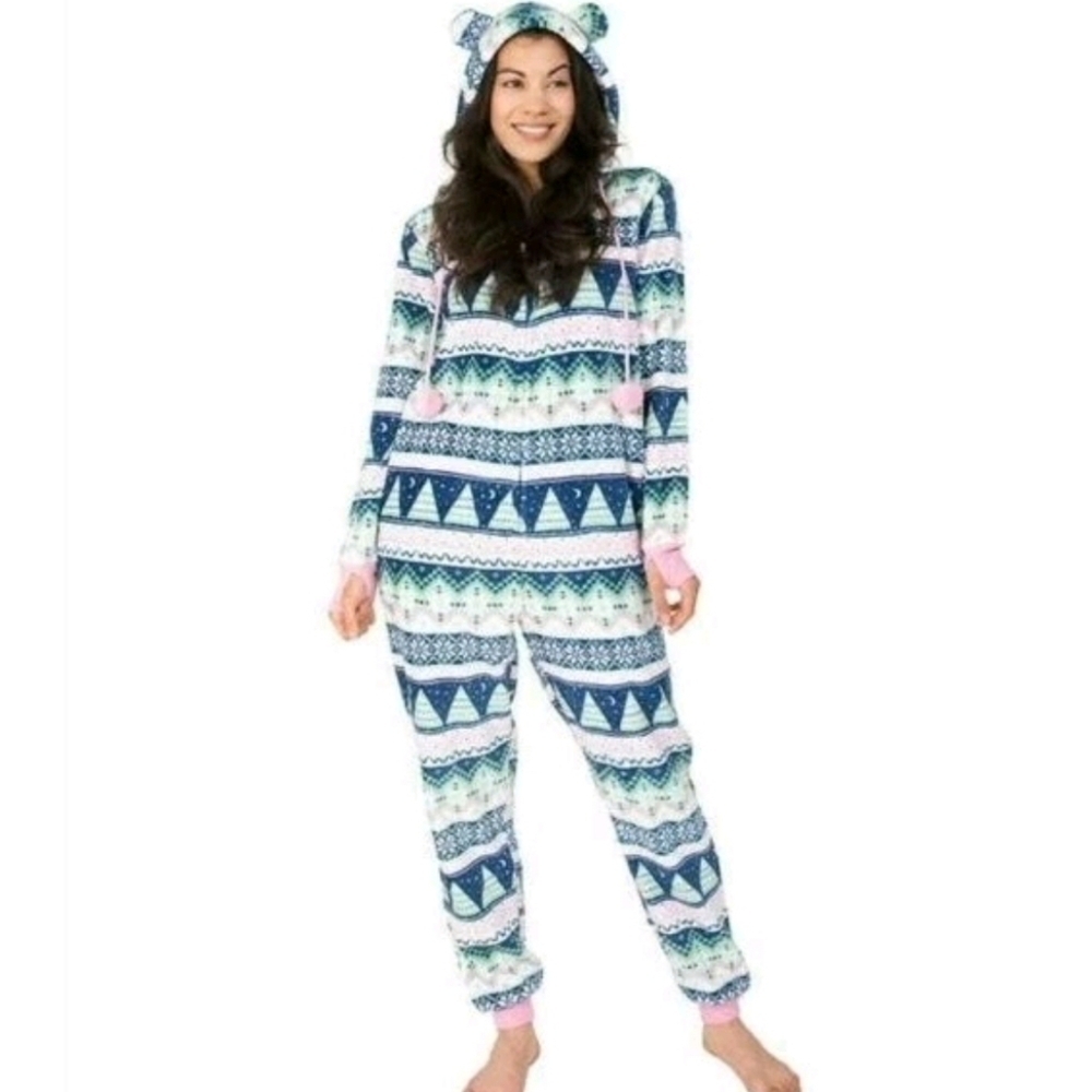 MUNKI MUNKI Ladies Hooded Fleece Plush One Piece (Pink Multi,‎ Medium)